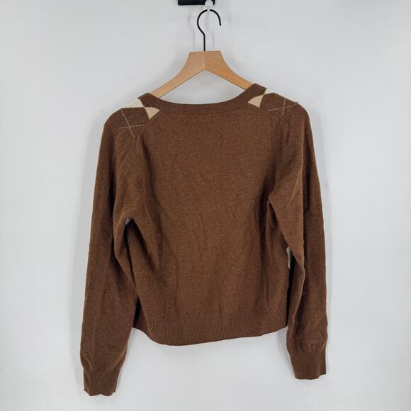 J.Crew Y2K Argyle Wool Cashmere Cardigan Brown Beige Preppy Sweater Size L - Picture 2 of 5